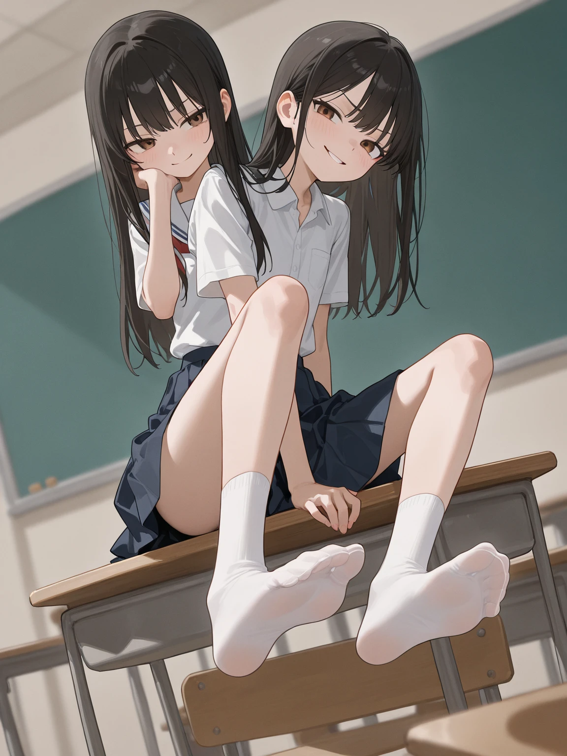 masterpiece, highest quality, Absurd, Perfect Anatomy, Beautiful background, Beautiful Face, Beautiful Eyes, Beautiful body, girl,from the front、Portraiture、 Twin tails、ribbon、Brown Hair,blush、High School Girl Blazer、Sitting on the steps of the station、Grey pencil skirt、Lace panties、loose socks、sneakers