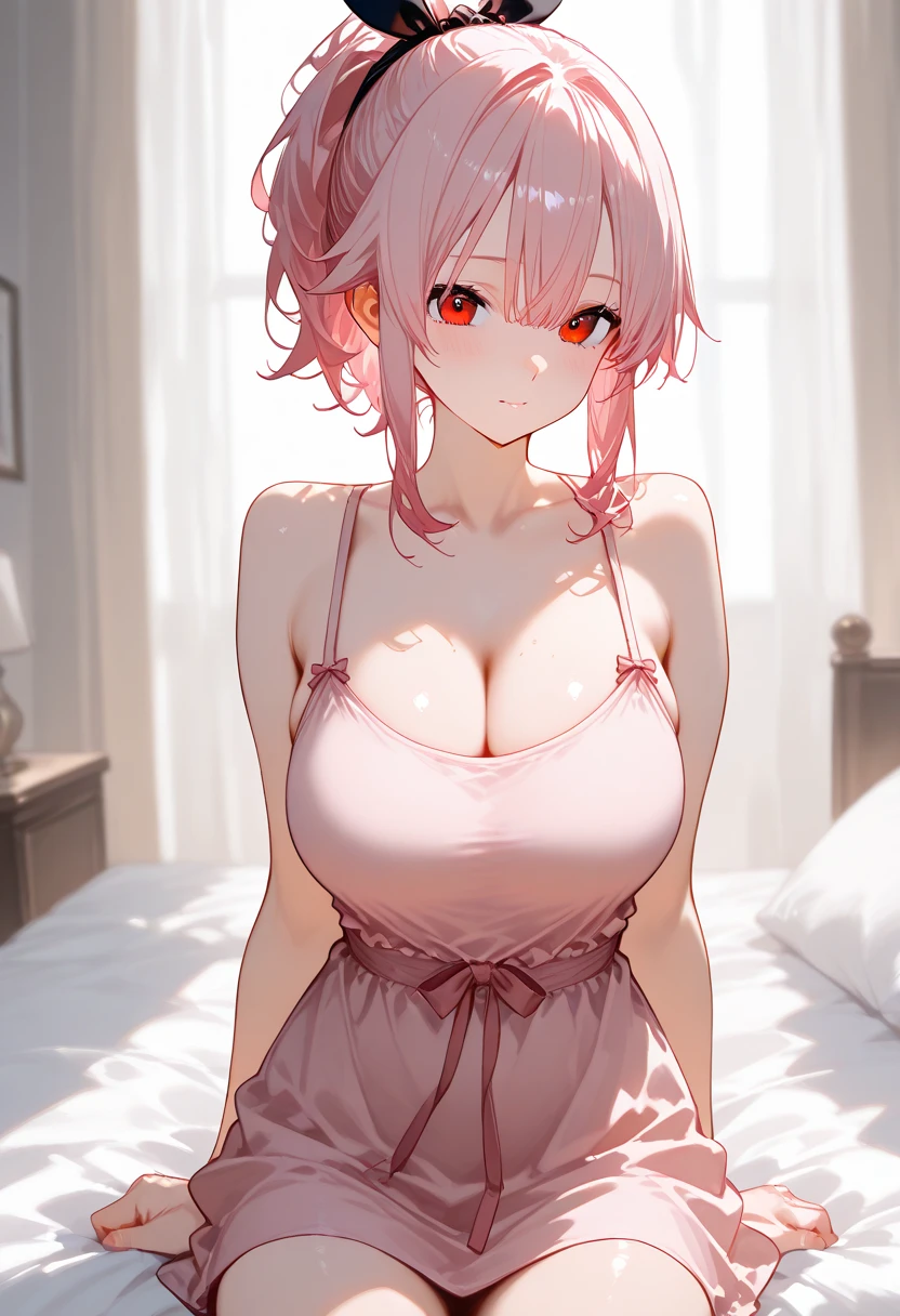 ((best quality)), ((masterpiece)), (detailed), milf, Pink Sexy dress, hips up, หน้าอกใหญ่มาก, Wolf Cut, pink Hair, แสงแบบภาพยนต์, Sexy pose, on bed, night,