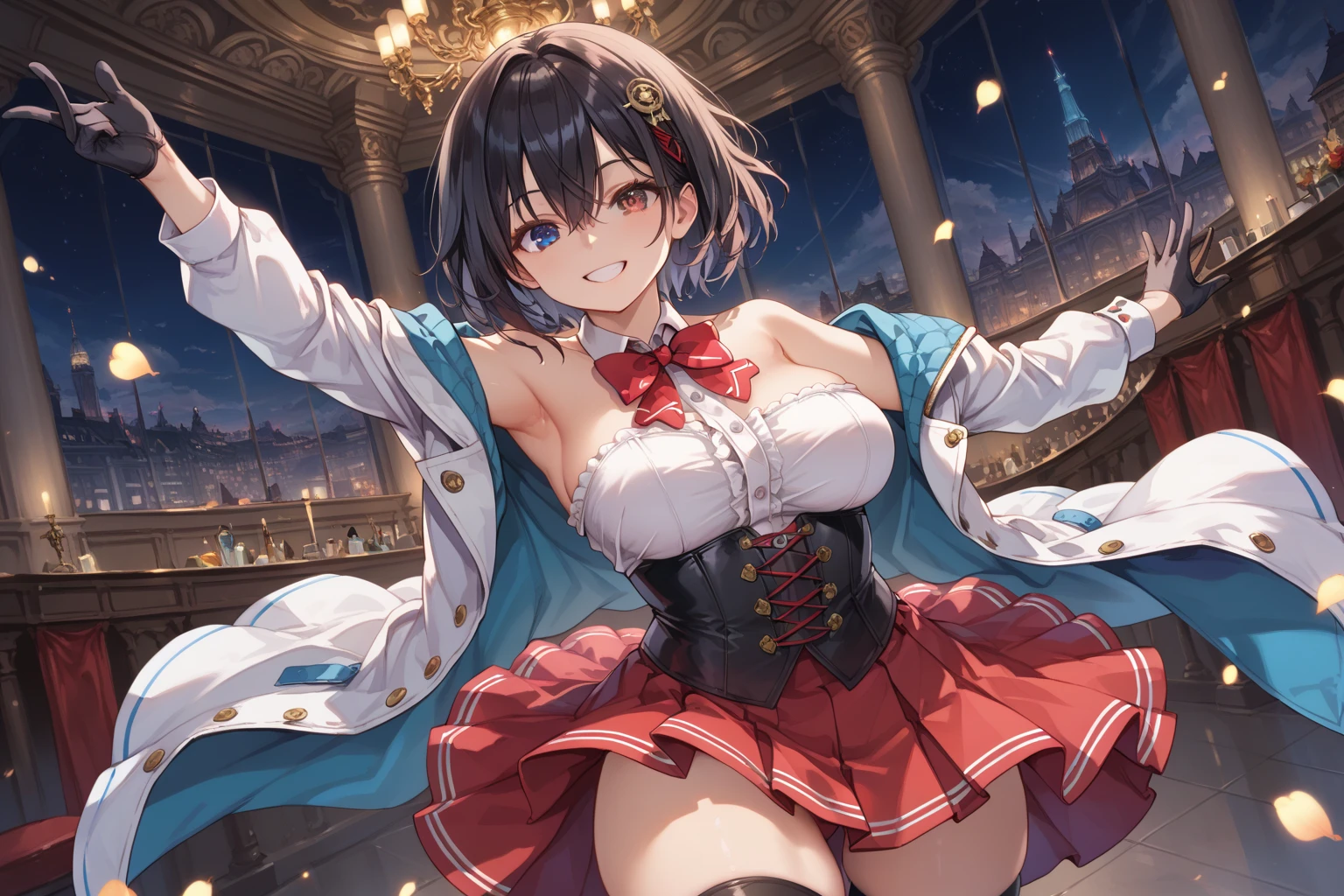 Yuuri(pokemon), (highest quality, 8K, masterpiece, Super detailed:1.2), (Lens flare, particles of light, shine), big breasts, smile, open your mouth, masterpiece, highest quality, Super detailed, High resolution, Very detailed CG, official art, sexy,panty shot
