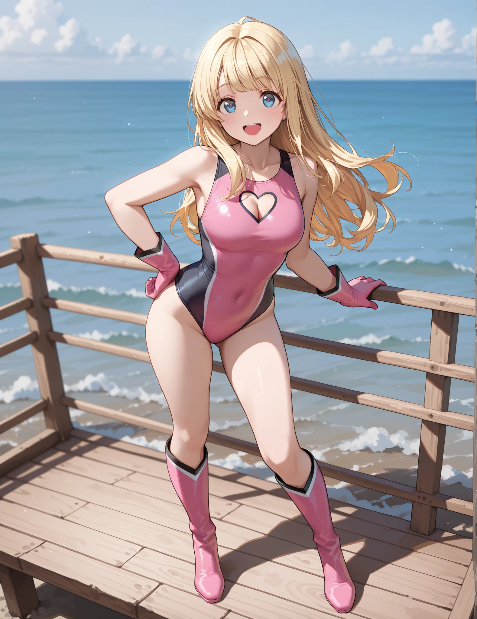 ((masterpiece)), ((best quality)), ((highres)), 1girl, solo, superhero, bare legs, ((matching pink knee boots, matching gloves)), sleeveless, looking at viewer, city backdrop, perfect hands, perfect eyes, perfect legs, perfect arms, perfect fingers, medium breasts, ((pink leotard)), standing, blonde hair, long hair, blue eyes, cute face, hair down, bangs, (cleavage cutout, heart cutout), (white thigh high pantyhose)