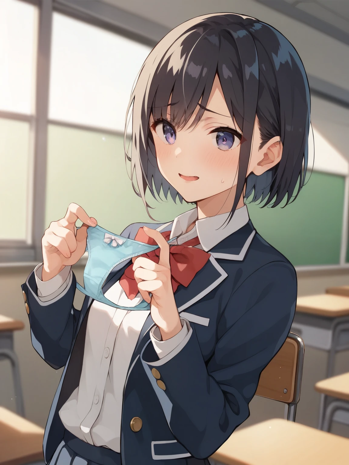 (masterpiece, 4K resolution, ultra-realistic, Very detailed), Girl、、、blazer、Sit on a chair、classroom、Holding white panties with both hands、smile、Black Hair、Side Ponytail、Brown eyes,holding panties,presenting panties.Perfect Fingers、tie、pussy、dildo in pussy、Blushing、Embarrassing、Embarrassed、Black Pantyhose、Spread your legs
