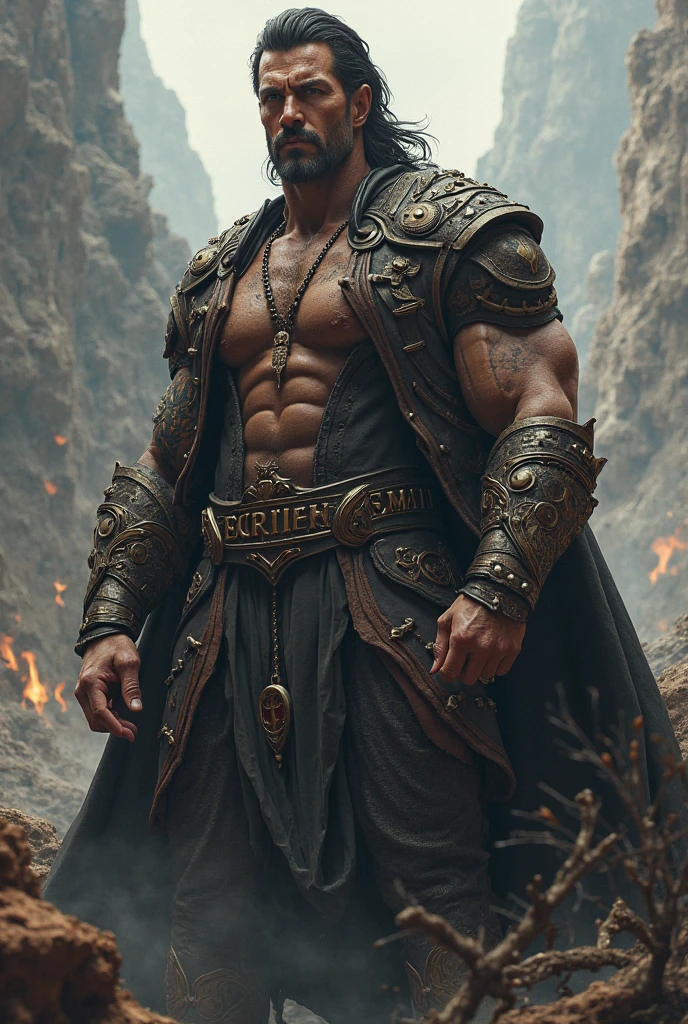 A dark and intimidating warrior, Hernán has an aura of danger and power. He's tall and sturdy, with obvious musculature. Her hair is black and shaggy, matching the dark eyes that hold an intense anger. His armor is dark and imposing, made of black metal with deep red details, reflecting his malevolent nature. His expression is one of pure malice and relentless determination.. Hernán exudes an oppressive presence, ready to destroy anyone who opposes him.