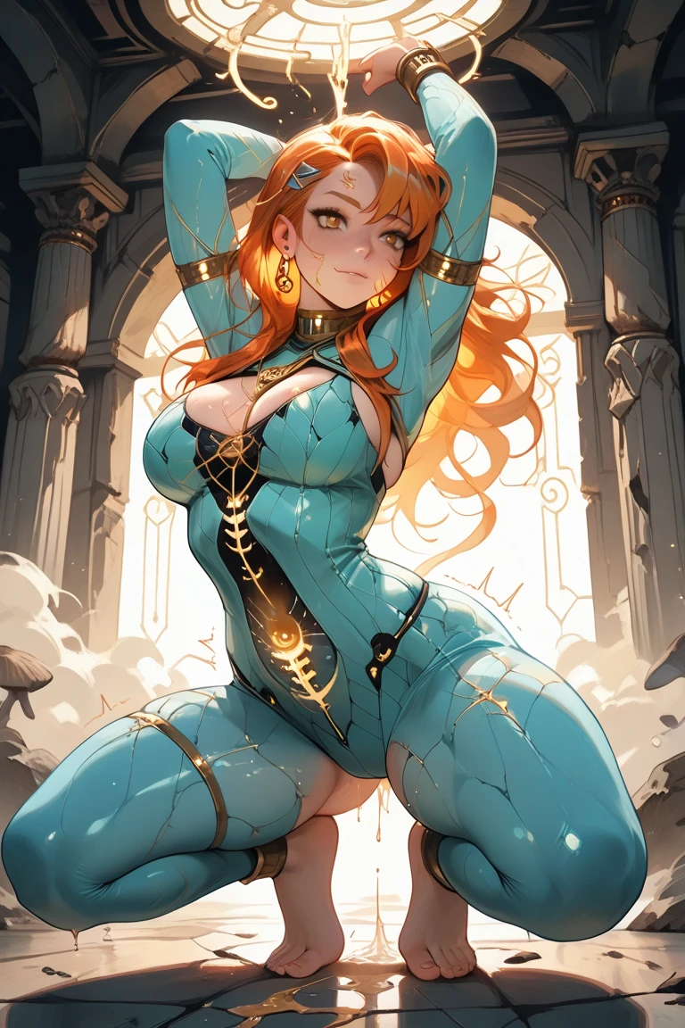 masterpiece, HD, best quality, kawaii, sparkles, stars, anime, 1 girl, anime girl, big breasts, hourglass figure, cleavage, wide hips, tight fitting clothes, green outfit, green eyes, pale skin, galaxy background, beautiful, long ginger hair, ginger hair girl, long hair, soft lips, gentle hands, delicate but dom, small waist, massive breasts and hips, galaxy, random expression, random pose