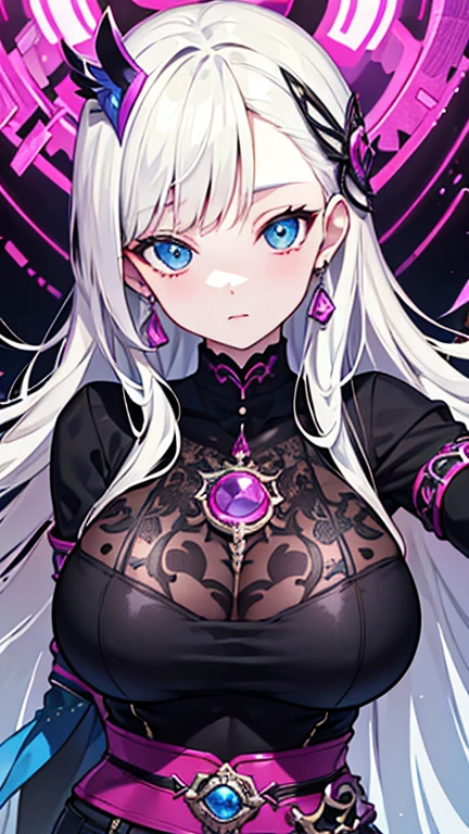 best quality, super fine, 16k, incredibly absurdres, extremely detailed, delicate and dynamic, cool and beautiful pretty woman, silver messy hair, (heterochromia, emerald green eye, purple eye), face is painted in hot pink like wiring diagram, brightly colored tattoos on the neck, necklaces, chokers, earrings and accessories, glossy red lips, portrait, background pastel colors, floating hearts, seductive, spicy,
