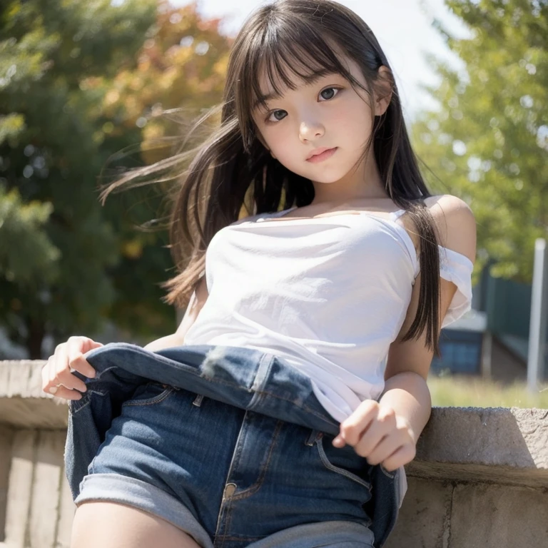 (masterpiece, highest quality:1.4), Award-winning portraits, 8k, 85mm, alone, Beautiful Face, Delicate girl, (Cheerleader、On the grass), Sophisticated, cute, 15 years old, RAW Photos, Confused, High resolution, Sharp focus, Background Blur、(((flat 、thin and delicate body、Childish atmosphere)))、shiny semi-long hair、ponytail、Mole on the left cheek、 Dark blue eyes、the skirt is swaying in the wind、Hair swaying in the wind、sexy、flexible legs、naked、topless