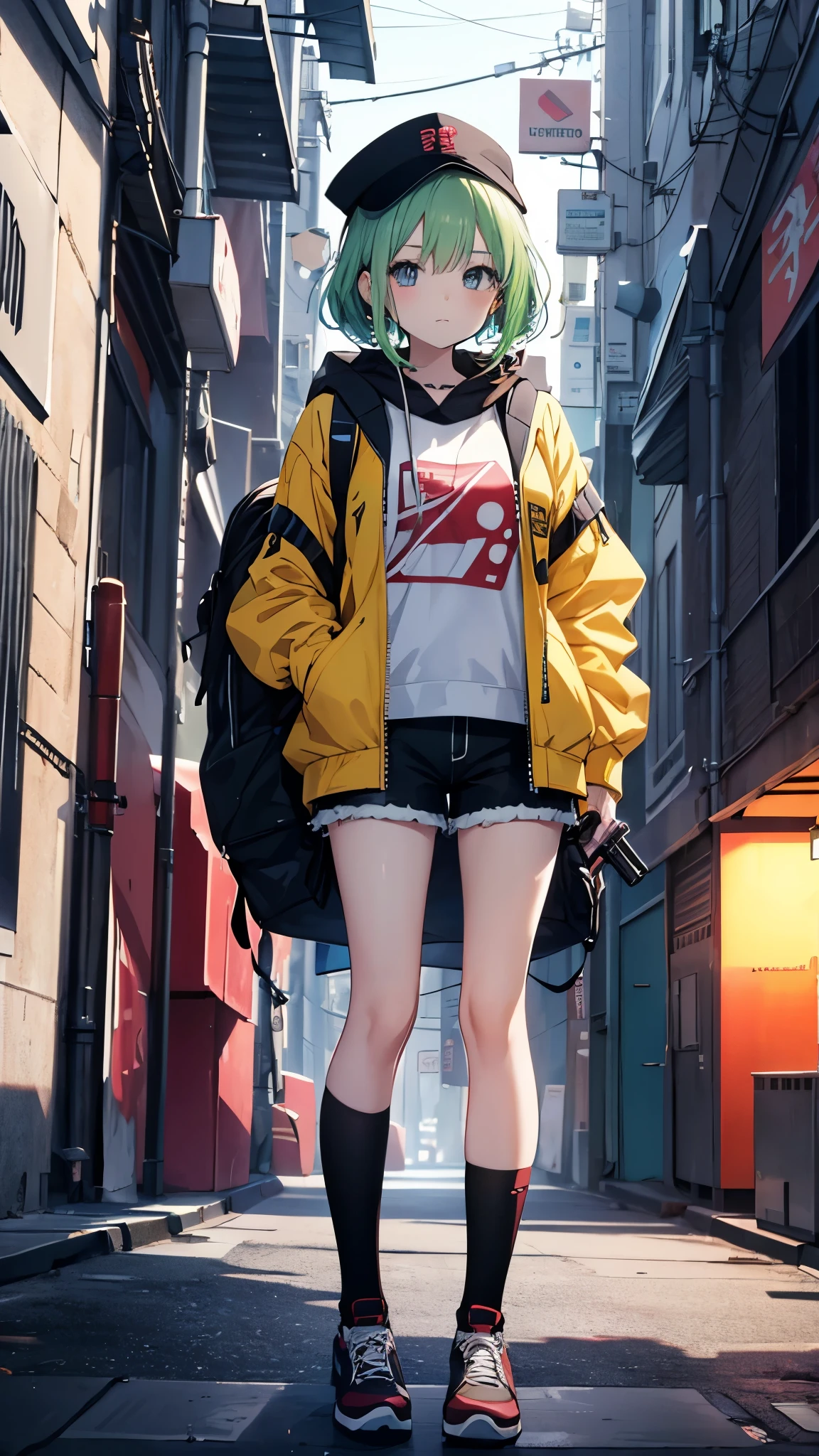 Extreme low angle, full body (8k, RAW photo, highest quality, masterpiece), High detail RAW color photo professional close-up photo, (realism, photo realism:1.4), (highest quality), (best shadow), (best illustration),surreal face, blue eyes, girl long neon green hair, wearing short hoodie head set, long Tartan plaid Skirt, tight high socks,  hiding a hoverboard, tokyo night, neon, neon pink, neon blue, neon lime green,