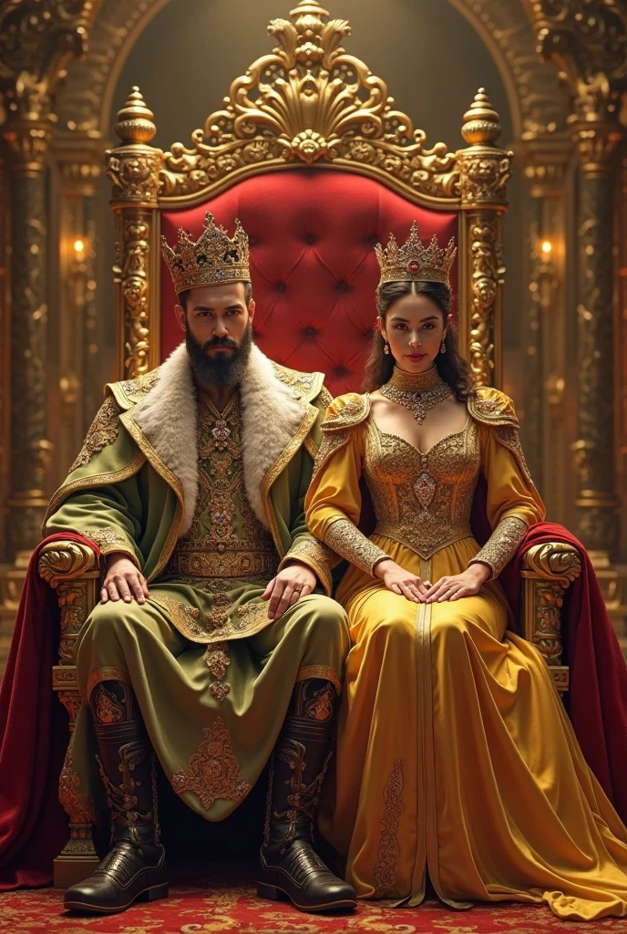 A beautiful, regal queen in an elegant gown, her husband the king by her side, intricate crown, majestic robes, luxurious palace interior, ornate throne, opulent decor, dramatic lighting, photorealistic, cinematic, masterpiece, 8k, ultra-detailed, hyper-realistic, dramatic lighting, baroque, chiaroscuro, rich colors, jewel-toned