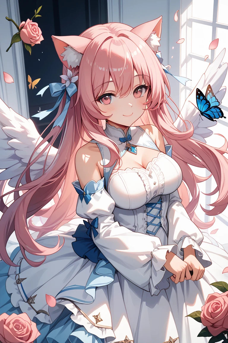 1 woman、爆乳、cleavage of the breast、Pale pink hair studded with stars、Long Lace Bale、ta clothes with lots of frills and ribbons、angel wings encrusted with jewels、A smile