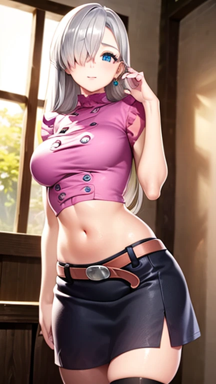 1 girl, 19 years old, Long pink hair, green eyes with slit pupils, master-piece, best quality, (standing up), (wearing denim jacket, white lace camisole crop top, blue denim skirt, knee-high leather high heel boots, cleavage), (Big , ultra gigantic , Super super big, Glamorous body), Make eye contact with the camera, front figure, looking forward, (light_Smile:1.5), (Detailed hands and fingers:1.2)、(FULL BODYSHOT), thighs thighs thighs thighs、beauty legs、Bare legs