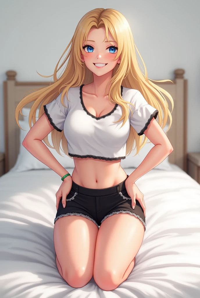 2D, Top quality, (Masterpiece), (Full length), (Glossy blonde hair:1.6), Short cut, (Brown beauty), (Healthy dark skin), (Suntan mark), Collar bone, (Denim hot pants), (Tank top), JK, Glowing bare legs, Shank hair, Brown eyes, Attractive thighs, Large breasts, Bed Room, On bed, light from window, erotic look, sweaty, wet hair, drop from hair, can in right hand, breathless, bold pose