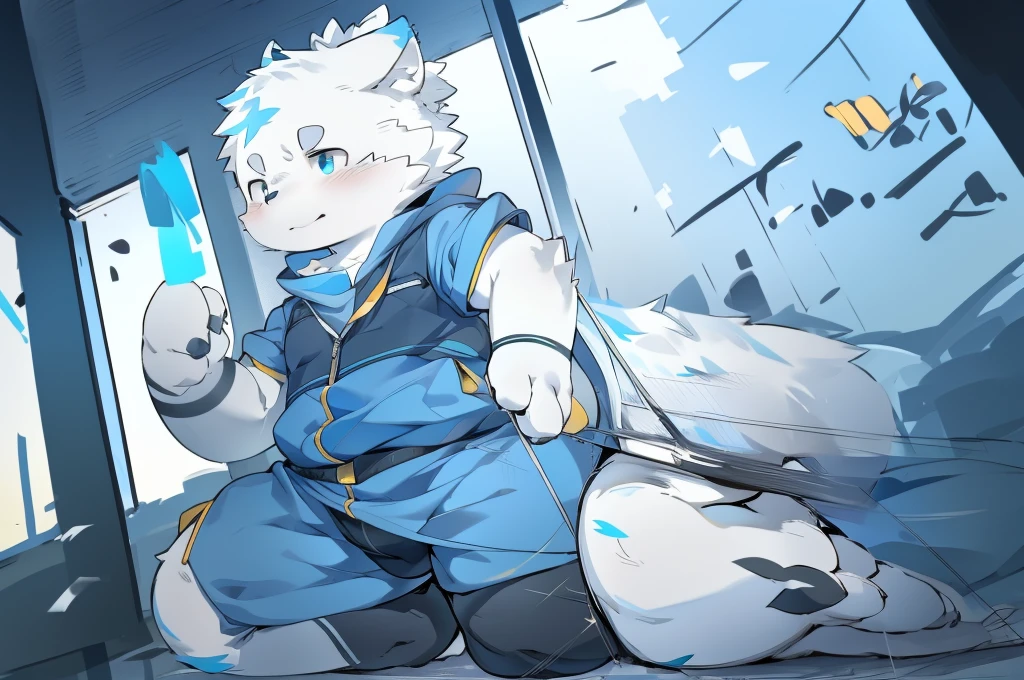Breed:Wolf fox coat color:Silver-white eyes:Blue The tail is blue