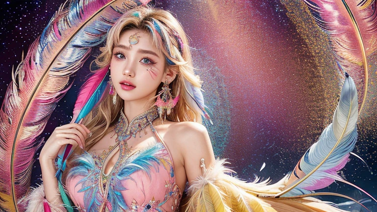 A girl with small breasts, bare shoulders, golden hair, colored feathers, metal ornaments, colored flowers, particles, light rays, (masterpiece, top quality, best quality, official art, beautiful and aesthetic:1.2), (1girl:1.3), extremely detailed,(fractal art:1.1),(colorful:1.1)(flowers:1.3),highest detailed,(zentangle:1.2), (dynamic pose), (abstract background:1.3), (shiny skin), (many colors :1.4), ,(earrings:1.4), (feathers:1.4)