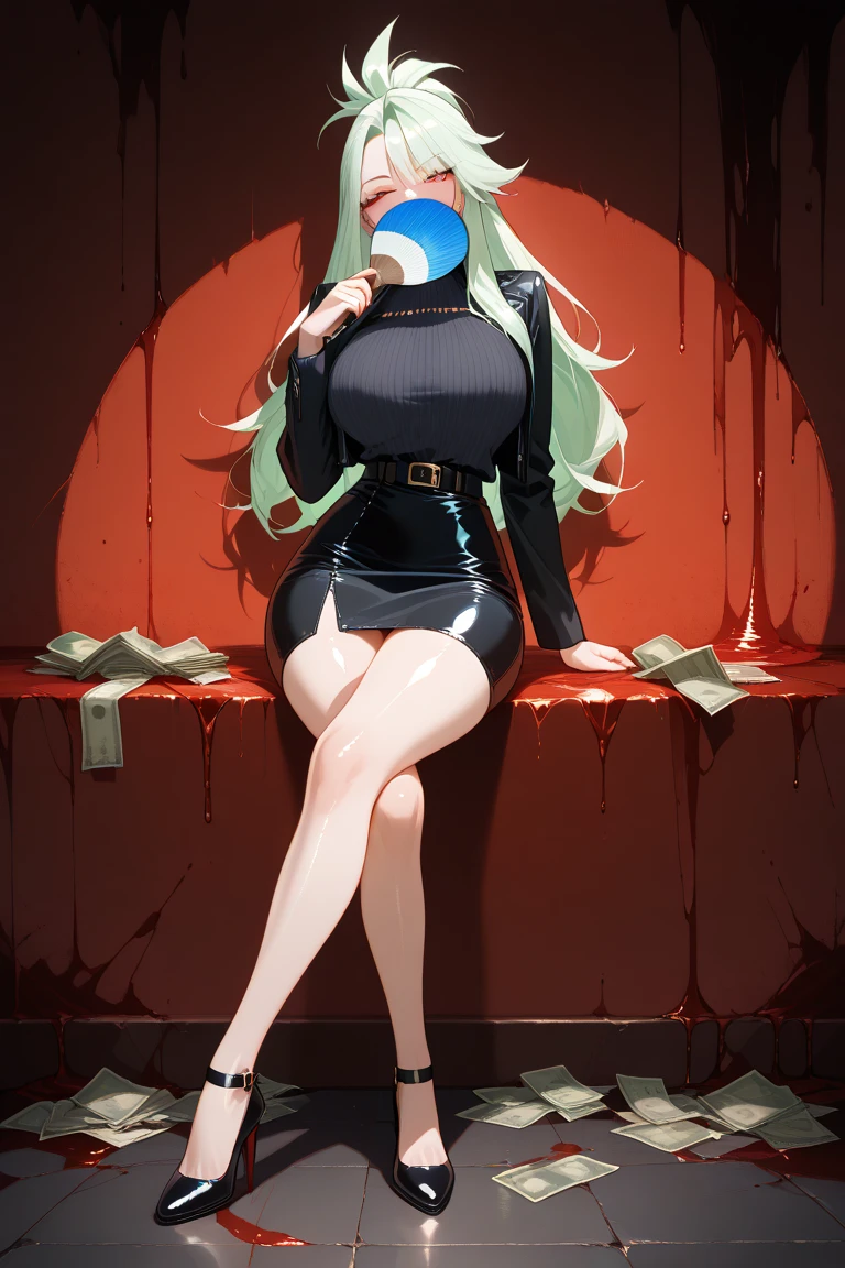 light blue hair, long hair, yellow eyes, black dress, collarbone, bare back, big boobs, inside a building, high heels black shoes, inside of building, looking at camera, close up camera, standing, holding a handbag