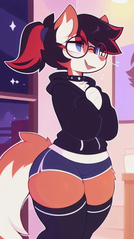 radiant lighting, vibrant colors, whimsical atmosphere, 8K, high resolution, highly detailed, masterpiece, (((my little pony))), four stockings, (red hair, white body, red eyes) cute face, tongue out, striped stockings, standing on four hooves, cool glasses, showing butt, ((womb tattoo:1.3)), goth style, ((seductive thong panties)), (teacher uniform)