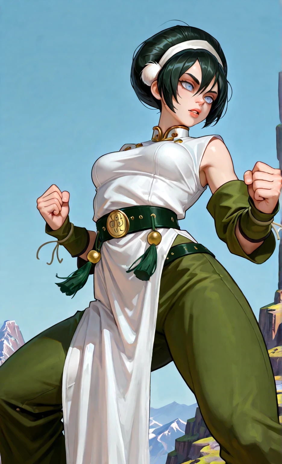 ((toph beifong)), ((masterpiece)), ((high resolution)), ((solo portrait)), {(attractive figure), (medium breasts), (beautiful legs), (lush lips), (black hair), (bangs), (pale blue eyes), (parted lips)}, {(qipao style collar), (green sleeves), (white dress), (thigh curtain), (green pants), (large black belt)}, {(dynamic pose), (wide stance), (legs apart), (closed fists), (looking ahead)}, ((blue sky)), ((mountains))