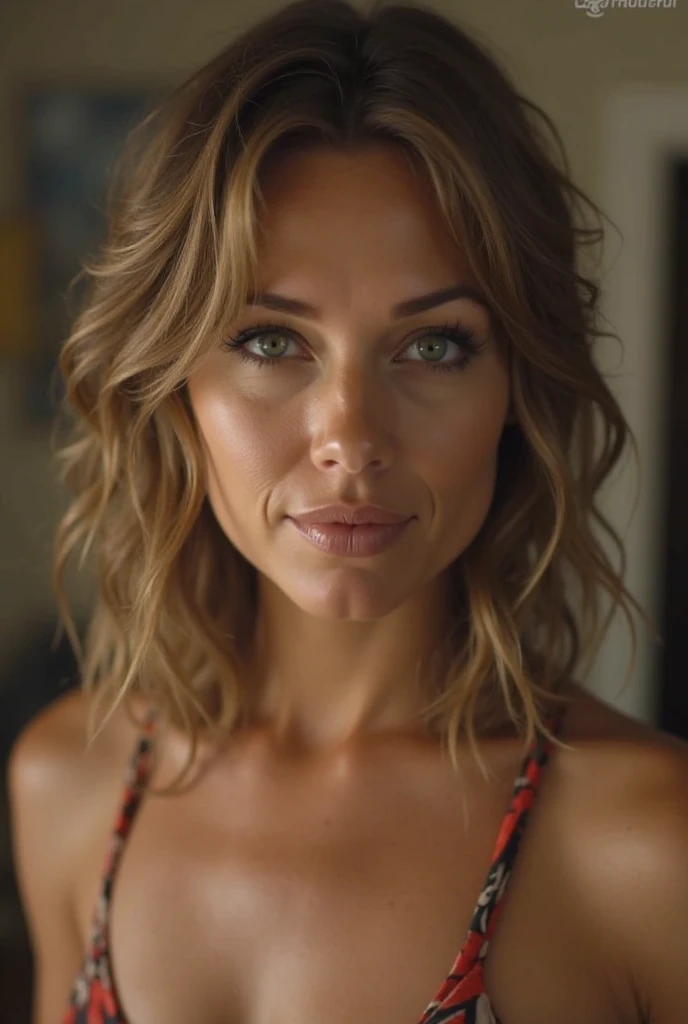 One 45 year old female with two arms and two legs, realistic beautiful face, (natural earthy-green eyes), dark-reddish-brown-highlighted hair, full body portrait, (hyperrealism:1.2), Fuji-film (35 mm), earthy-green eyes, wearing a dark-metallic green bikini, wearing a delicate necklace-with a rainbow-moonstone-pendant, gold dangling earrings, (the wind develops the dark-reddish-brown-highlighted hair), (athletic body with medium-length-torso), (large-natural-breasts), golden hour, (natural lightly-tanned-skin),(real skin texture), hyperrealism, soft light, (sharp:1.2), cinematic-lighting, (natural), perfect, raw, (intricate), ((high quality)), exposure blend
