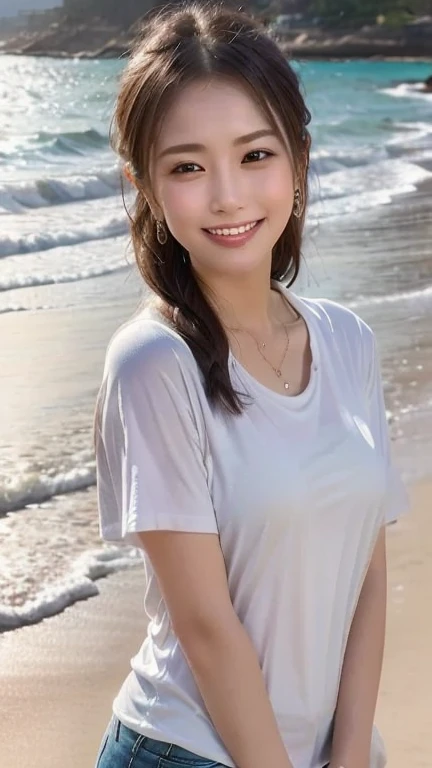 (Top quality, 8K, Masterpiece: 1.3), pull angles, full body, lens used f/2.8, 50mm, camera Sony, beautiful woman, one girl, slender abs: 1.1, short blond hair, (full body, down to feet: 1.2), super detailed face, very detailed lips, detailed eyes, double eyelids, Necklace, watch chosen as accessory, cute summer dress, beautiful beach background, very detailed face and skin, detailed eyes, double eyelids, expression best smile." Translated with DeepL.com (free version)