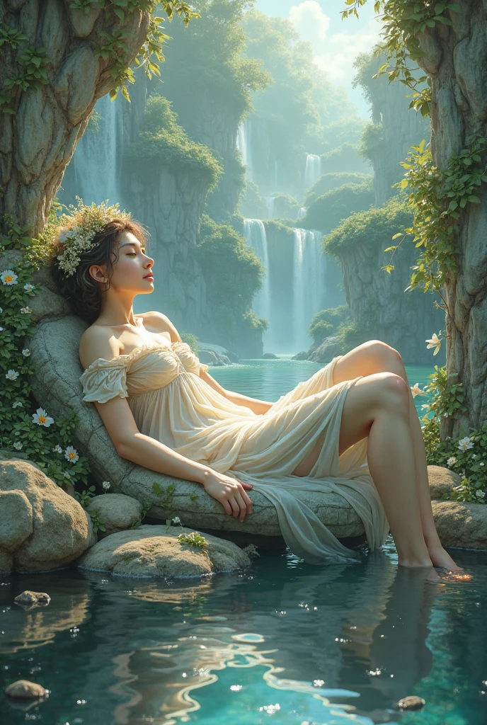ll body A giant greek woman take a bath, river, water, litter flower, plan, tree far away, dramatic sky, dramatic cloud, on a dust field, full body, naked, female greek,female greek god, white hair, hairy torso, fantasy, intricate, elegant, highly detailed, digital painting, artstation, concept art, smooth, sharp focus, illustration, art by gaston bussiere and alphonse mucha, naked