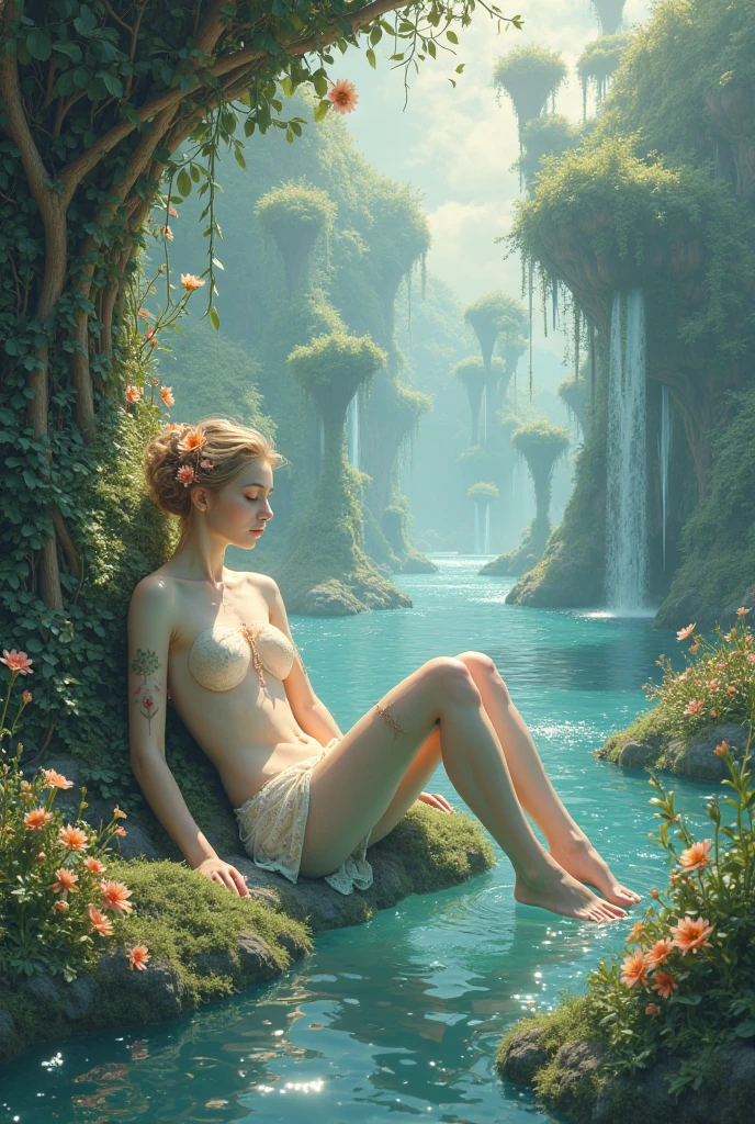 on lake with many lotus, 4 greek woman are swimming, lie on water, half body, water, lotus, lotus litter flower, plan, tree far away, dramatic sky, dramatic cloud, on a dust field, naked, female greek,female greek god, white hair, hairy torso, fantasy, intricate, elegant, highly detailed, digital painting, artstation, concept art, smooth, sharp focus, illustration, naked