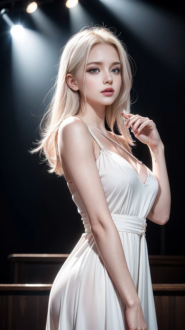 25-year-old Caucasian woman、Blonde gradient color、Eye color is blue、medium long hair、hair is wavy、Wearing accessories on the neck、Wearing a necklace、high resolution、Fine skin、smile、I&#39;m wearing a hair band、I&#39;m wearing a wristband、wearing an off-shoulder dress、Being on the roof of a skyscraper at night、holding the handrail and looking down、High definition、The night view is beautiful、Hair is fluttering in the wind、Holding hair with hand、I&#39;m wearing an arm dress