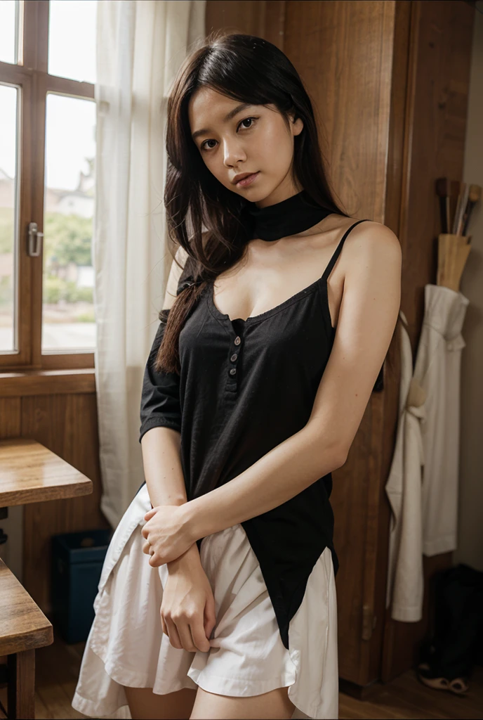 Girl in Starbucks uniform makes coffee,Wearing a baseball cap on his head,Clothes and skin are ingrained all over the body,(wet clothes:1.8),reflective skin,sweaty skin,expensive、expensive品質、master piece、super resolution、barefoot、naked apron、wear an apron、full body esbian、