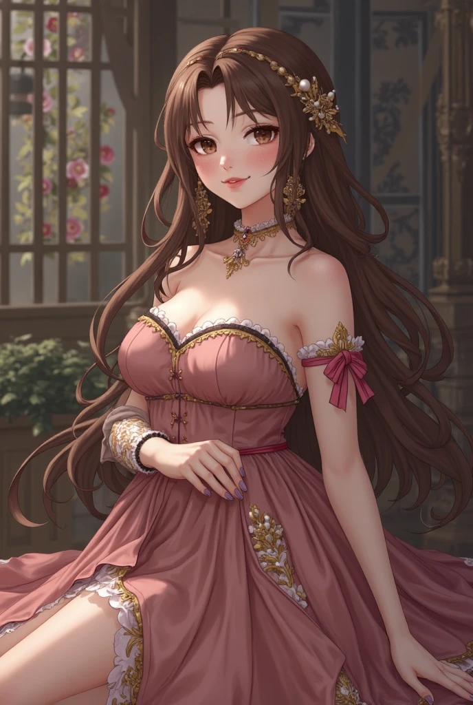 moe anime artstyle,princess luxurious, aristocrat, noble, arrogant,((absurdly long Straight hair)),Red Eyes,(((beautiful embroidery and jeweled gorgeous rococo ballgown with voluminous full length crinoline hoop skirt))),(((absurdly gigantic tits,curvy))),deep cleavage,Skindentation,((detailed face and eyes)),extremely gorgeous hair ornament,((extremely gorgeous big tiara)),luxurious jewelry,((((absurdly gigantic tits))),gorgeous palace,,((Arrogant smile))