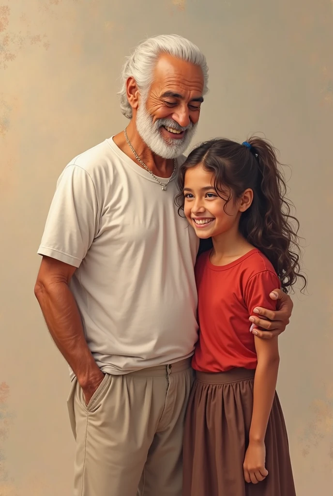 An old man from Turkey stands next to a beautiful young girl, they are a happy couple, both are happy
