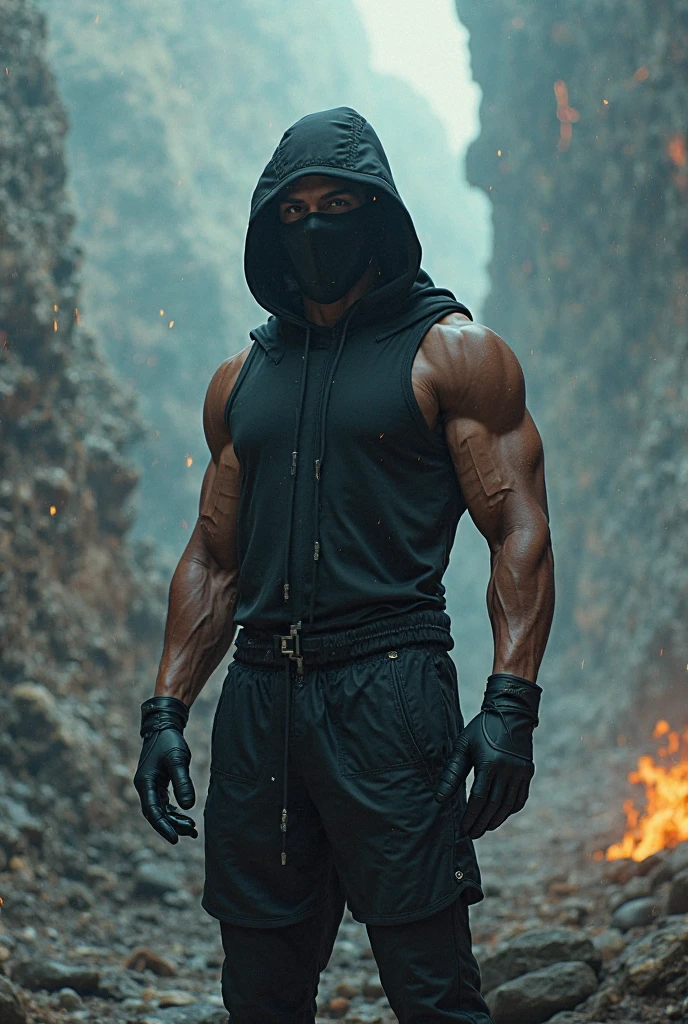 A capoeira fighter with a black head and a black mask on his face shirtless black man a fighter full body