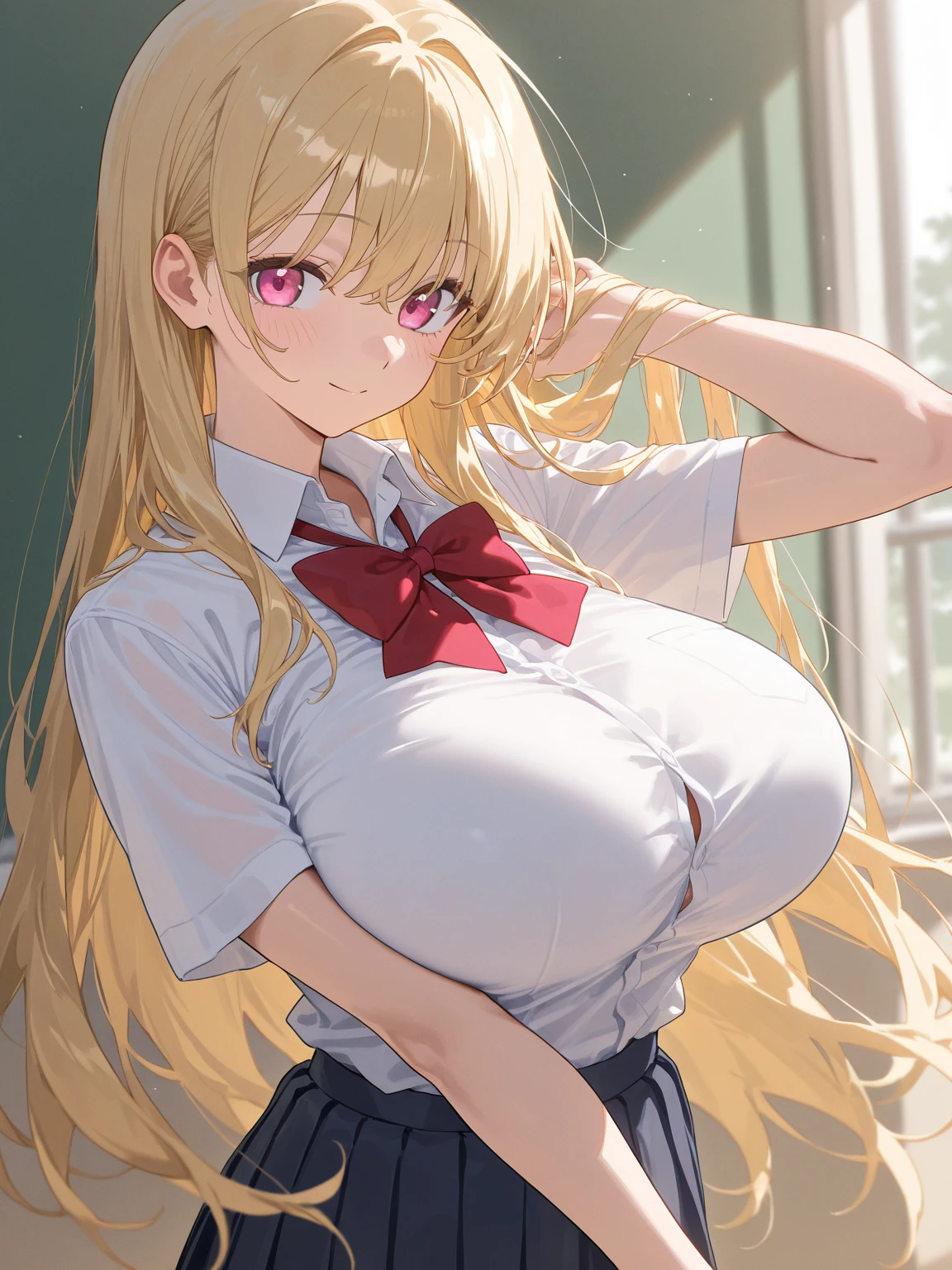 loose is sheer, button gap,(covered nipples:0.9),breasts,red white gold uniform,(side-tie peek:1.5),(button gap:1.5), white skirt, white top, red ribbon, golden buttons, golden shoulder pats, young adult, 19 years, (embarrassed,blush:1.5),blonde hair,long hair, open mouth,brown eyes, beautiful brown eyes, big sagging breast, striking body curves, horny smile, pink lips, tiny girl, cute sexy pose, masterpiece, ( classroom background), school,sunset,