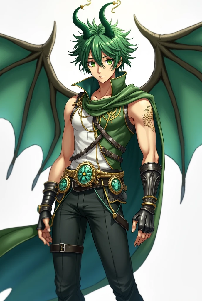 A sketch of a male anime character. has green hair. muscle. bat wings