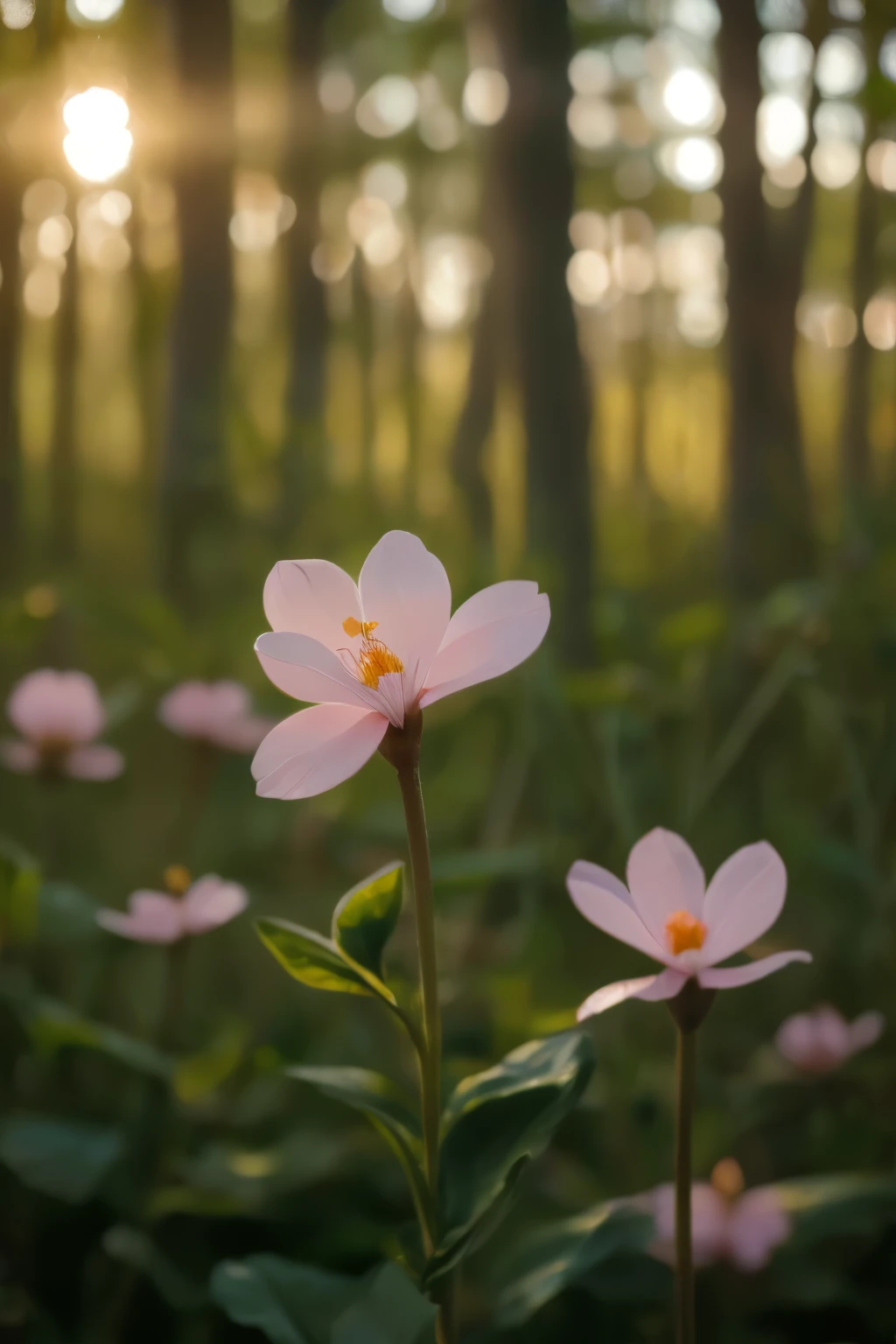 A single delicate flower with soft pastel petals held upright against a blurred forest background. The flower glows slightly in the soft light, with visible texture and gentle shadows. Everything else is softly blurred – just color, air, and light. The moment feels quiet, intentional, and timeless.