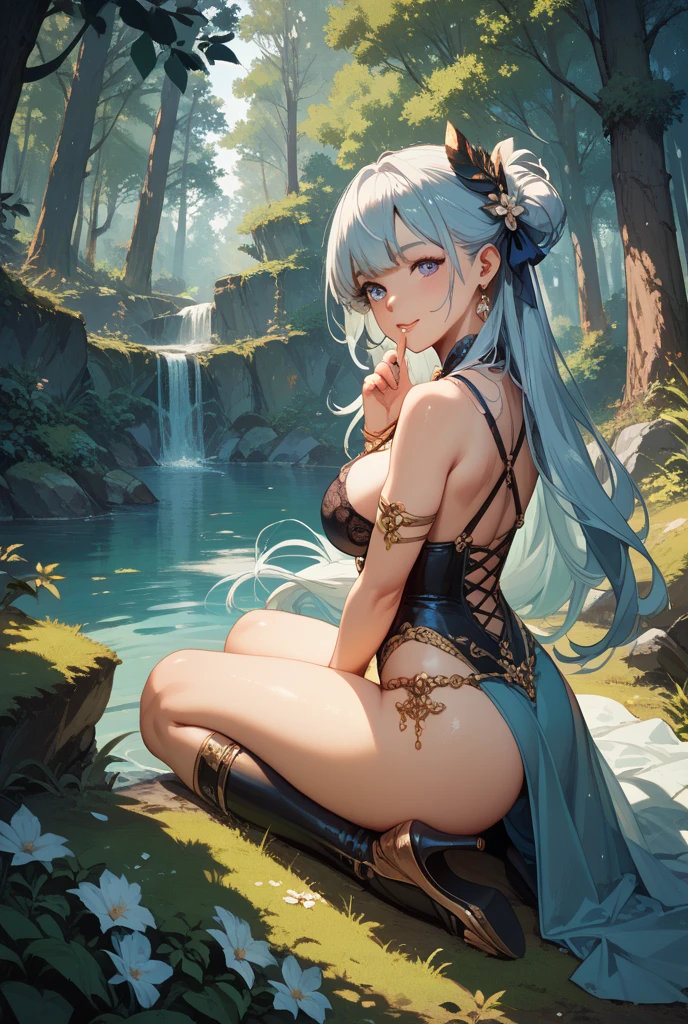 fox girl, fox tail, furry tail, delicated face, very long hair, pointy ears, naked, night, waterfalls, view from the back, cowboy shot, close-up, sitting