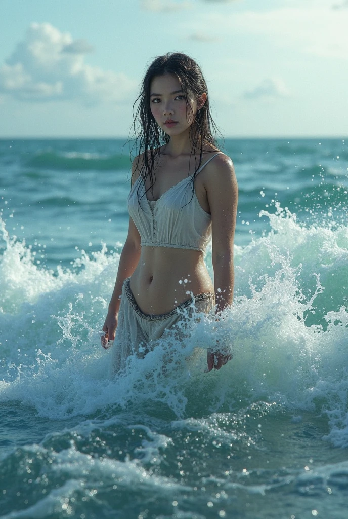 woman in a pink dress is walking into the sea, long pink gloves, elegant, closeup fantasy with water magic,((waves)), beautiful maiden, wearing a dress made of water, cleavage, nude belly, realistic oil painting, dripping wet, in water up to her shoulders, sofiax, woman soaked by waves, beautiful realistic photoshot, nymph in the water, hyperrealist portrait in ocean, hyperrealistic real photo, splashing, realistic polaroid, cute shot, narrow depth of field, portrait, sunset, golden hour, 8k, sfw, drenched, ((soaked)), dripping water, dripping oil, heavy clothes, soaked in oil, wet all over, rouge lipstick, wet dripping hair