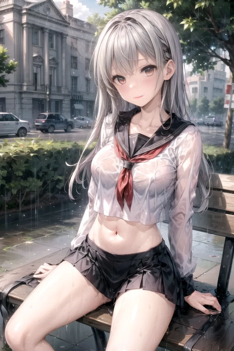 realistically, longhair, silver hair, brown eyes, glowing eyes, white short skirt, Blush, daytime, Wet from the rain, see through, sleeveless shirt, nipples, Spread your legs, pussy, crotch, open skirt, smile, Sit with your knees raised., windy, elaina, 
