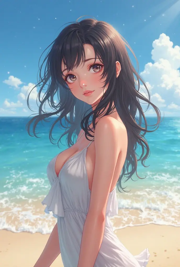 Anime girl, waved hair, in a swimsuit, on the beach, evening, anime style