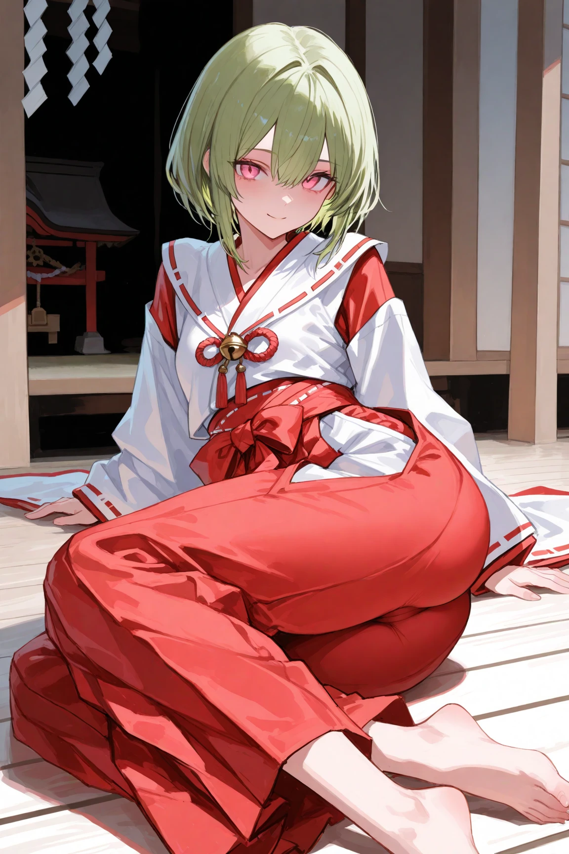 1 girl, cute, young, green hair, bob haircut, green eyes, miko clothes, black tights, excessive cum, bukkake,