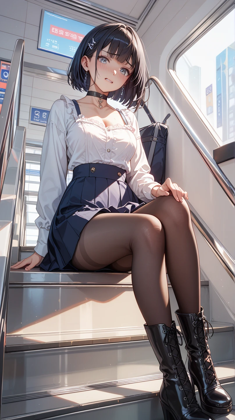 “（nmasterpiece，high-definition，ultra high def，4K）Black hair with double ponytail，14 years old Japanese girl，Bare shoulders，Red tight skirt，emphasizing thighs，Exposing the skin of the legs，soft thighs，Glossy thighs，sat down in train aile，Face-to-face perspective，（From the angle below），Sit in the train seat，Sit in front，Crotch zoom camera，Feet on the train floor，Whole human body，Head down and sleepy-eyed，Just look at the audience"， 最佳质量， ultra high def， （pphotorealistic：1.4）， high resolucion， specifics，
