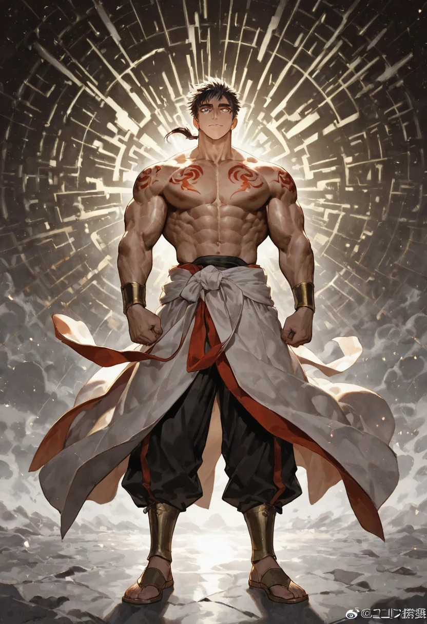 Broly is extremely handsome with deep red eyes standing straight in front of a dark neutral background. His short red and yellow hair is neatly cut, creating a perfect image for his angular face. With a confident and decisive attitude, he shines with golden light, making him truly majestic.