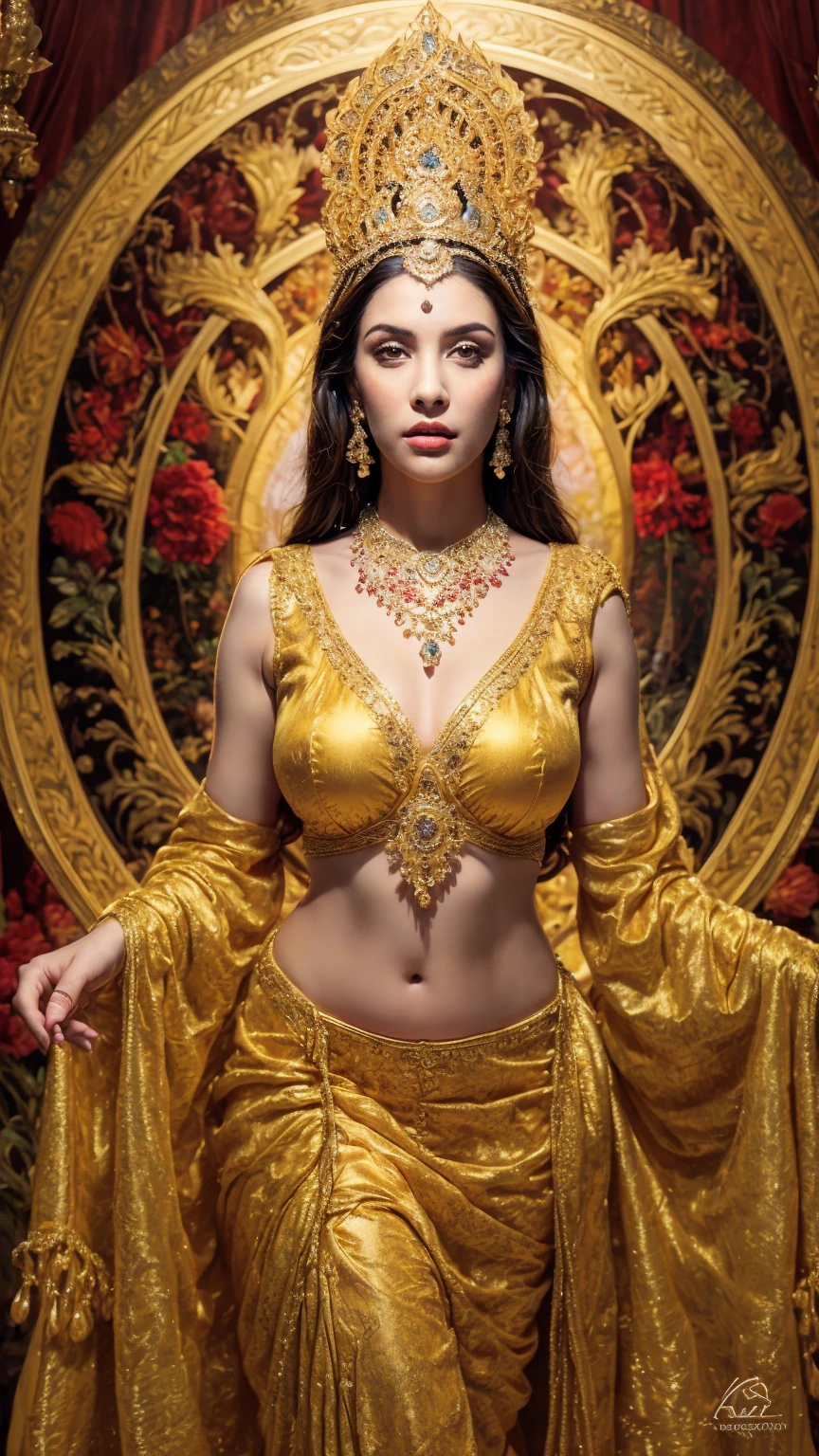 Aishwarya Rai, wear Saree criss cross sitting, a bindi on the center of the forehead, gorgeous royal temple, jewelry, gem, necklace, gold bracelet, anklets, thick lips, hands on lips, skindentation, parted lips, deep cleavage, busty, (detailed eyes), (seductive pose), ulzzang-6500-v1.1, (large breast:1.2), , thick eyelashes, long eyelashes, light yellow hair, Ponytail, yellow eye, sfw
HDR, shallow depth of field, broad light, backlighting, bloom, light sparkles, chromatic aberration, sharp focus, Nikon Z 85mm
unparalleled masterpiece, ultra-realistic 8k photos, best quality masterpiece, best quality, (photorealistic:1.2), (realistic:1.5), (hyperrealistic:1.2),(photorealistic face:1.2)