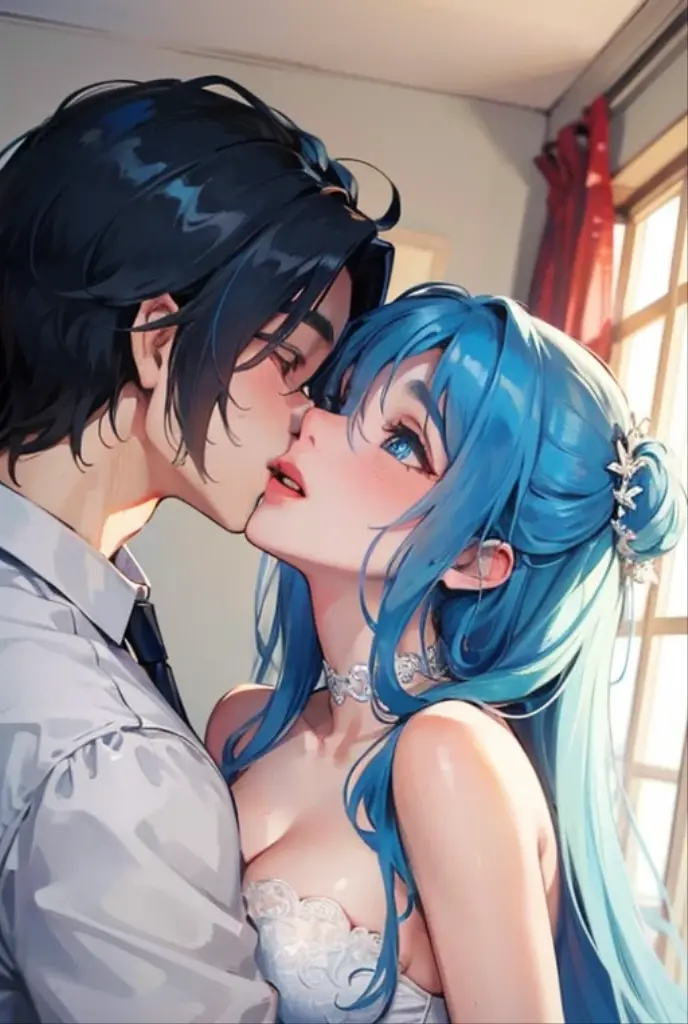 Beautiful woman with blue hair sucking a man&#39;s penis