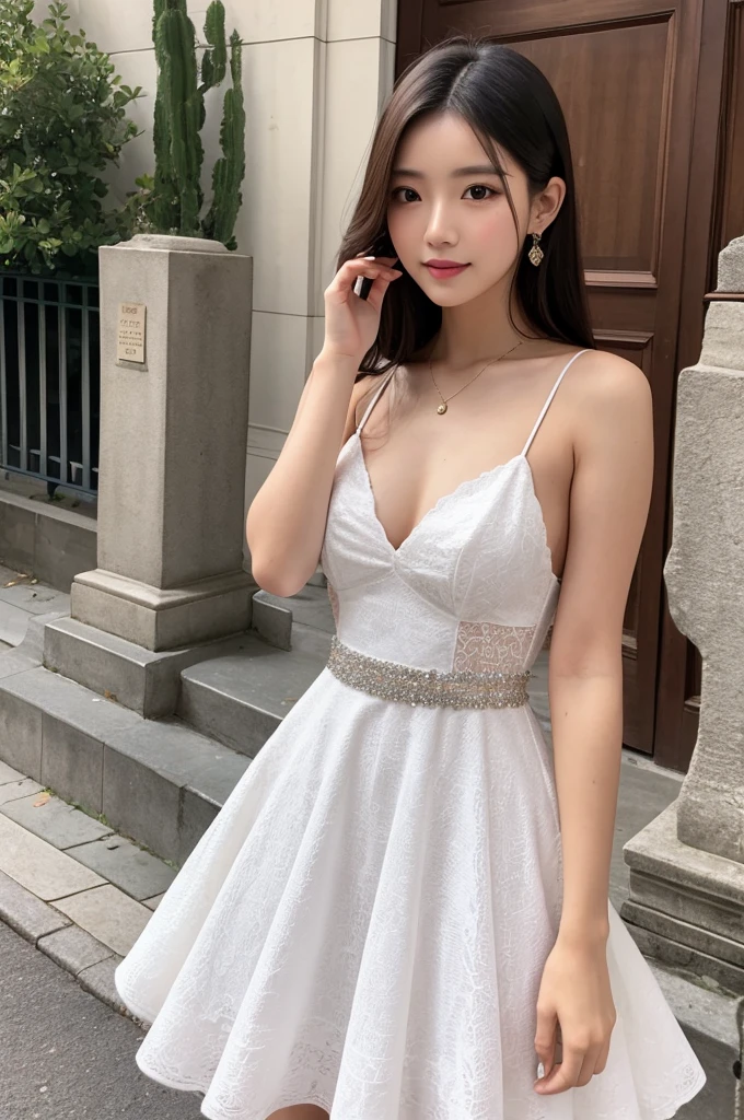 1girl,highres, high quality, masterpiece, bare shoulder, white dress, breakwater, dyke, slit