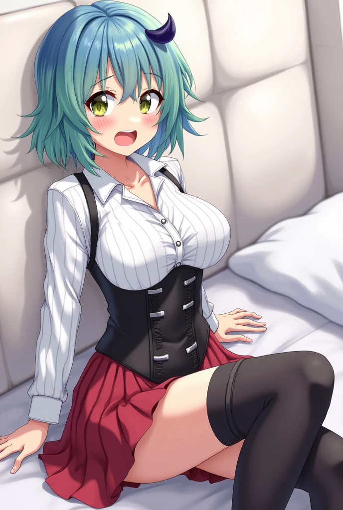 (short skirt), green hair, short straight hair, blue eyes, little clothing, exposed skin, no bra, ((sexy sharp face, allure)), [[playful]]], [[[bedroom]]], kneeling down, front-view, [[Leaning forwards]], head down, butt up, arched back, provocative position, cleavage, sexy, arousing, realistic, ((perfect symmetrical body)), (slim hip), thin waist, bloom, 1girl, super model body, very slim body, thin, super model body, ultra-detailed CG, 8k, high detailed, realistic, solo, intricate details),