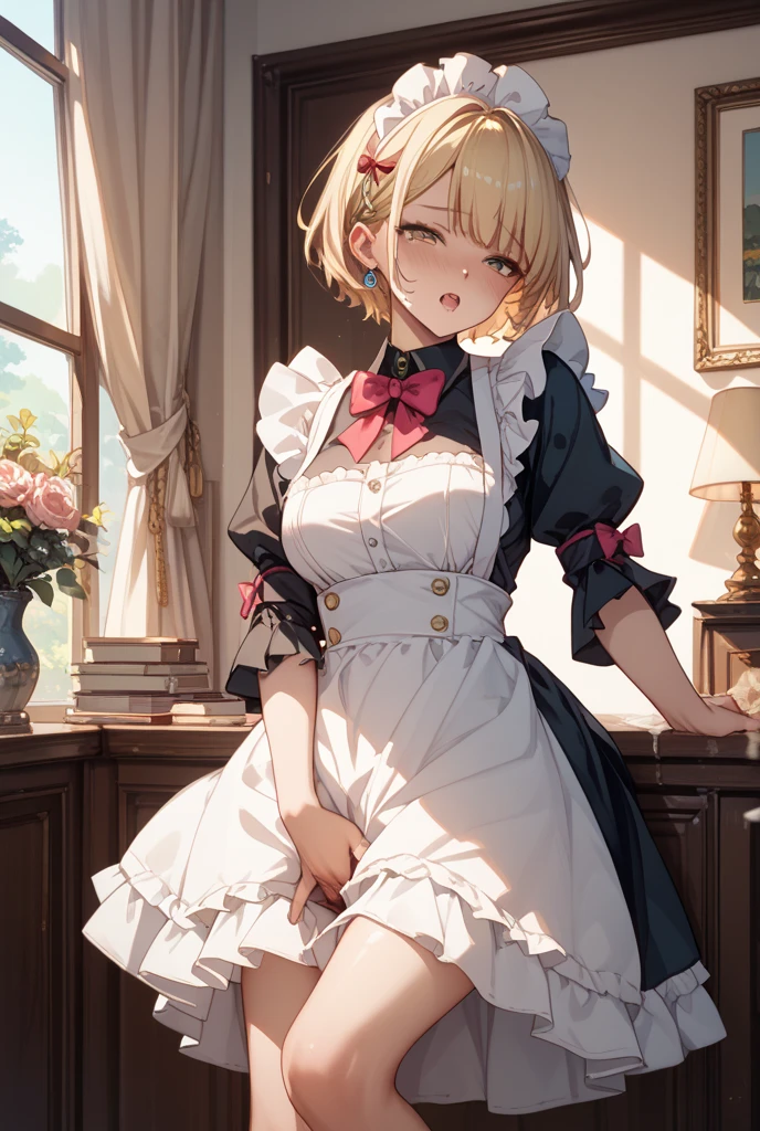 ((((masterpiece, Highest quality, High resolution)))), Extremely detailed 8K, Beautiful girl with a voluptuous body, (Ultra HD, Super detailed, Very detailed, Very realistic, Ultra-realistic, Photo Real), (One girl:1.5), (Realistic white hair), (Short Wavy Hair, hair ornaments, Earrings), (Dynamic pose), To the camera, View your viewers, (blush, Embarrassing, smile), (Purple eyes, Sharp eyes), (Firm breasts:1.2), (Beautifully detailed face, Beautiful attention to detail), ((Maid clothes, Maid Apron, Cat Ear Headband)), (detailed pussy),  Sweat, shine, (Sunbeam, sunlight),  coffee shop, ((Highest quality、High resolution))、Portraiture、Perfect body、Beautiful and bountiful breasts、Sexually excited expression、((throw、maid shows pussy))、Love Juice、I'm inviting you to have sex,(nsfw)