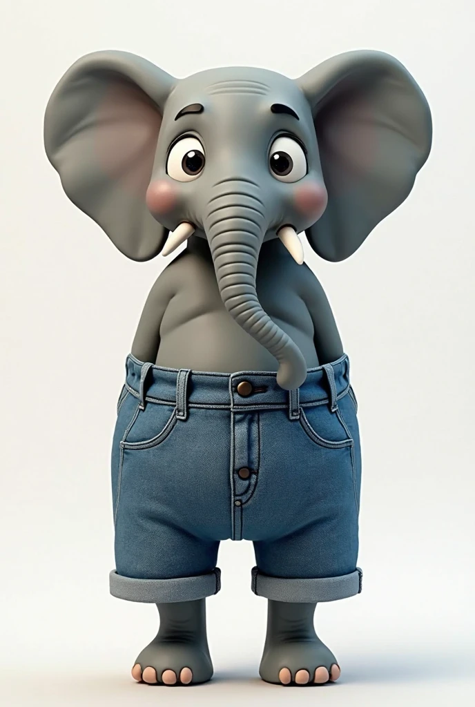 An elephant wearing jean shorts,White T-shirt and sneakers