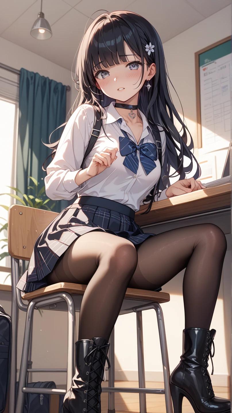 1lady,solo,leg up,foot focus,foot up, Sole of one's foot,white blouse and black office skirt,black pantyhose,teacher,in classroom,sittng a chair, provocation