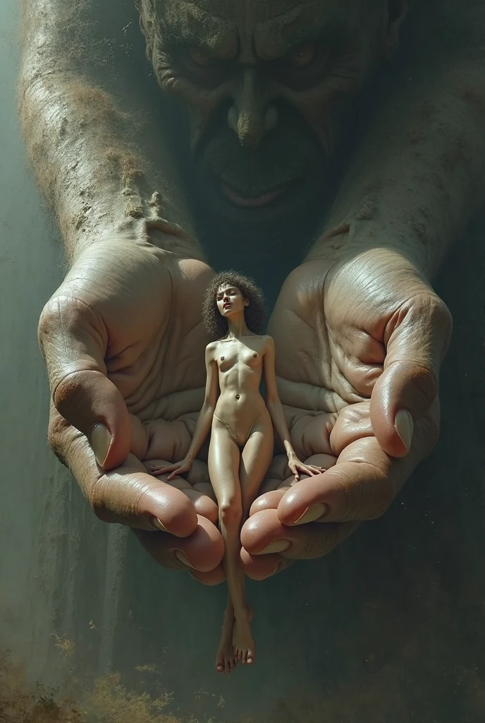 Realistic ,tiny ,naked ,women, stand on table ,she tiny .background giant human 