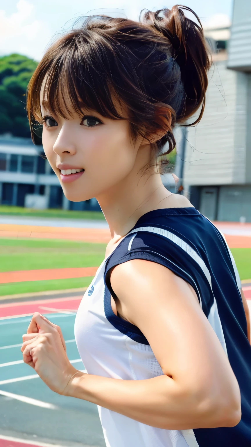 (((full bodyesbian)))、Rear view、japanese beauty girl、((Short-cut hairstyles))、Perfect style、track and field uniform、beauty legs、kawaii、((Track & Field Athletes Women))、(((1人)))、((stadium))、Transcendent cute、A slight smil、Beautiful breasts、full bodyesbian、athletic field、((Outstanding style))、((Healthy body))、 Photorealsitic、Beautiful detailed eyes、Hyper-Realism、highcontrast、Ultra HD、realistic skin textures、Top image quality、top-quality、超A high resolution、Fine details、Very meticulously