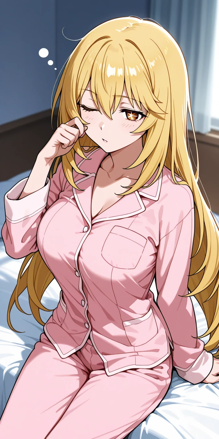 adult girl, big breasts, blonde, long hair, pink doctor clothes, in hospital, smiling
