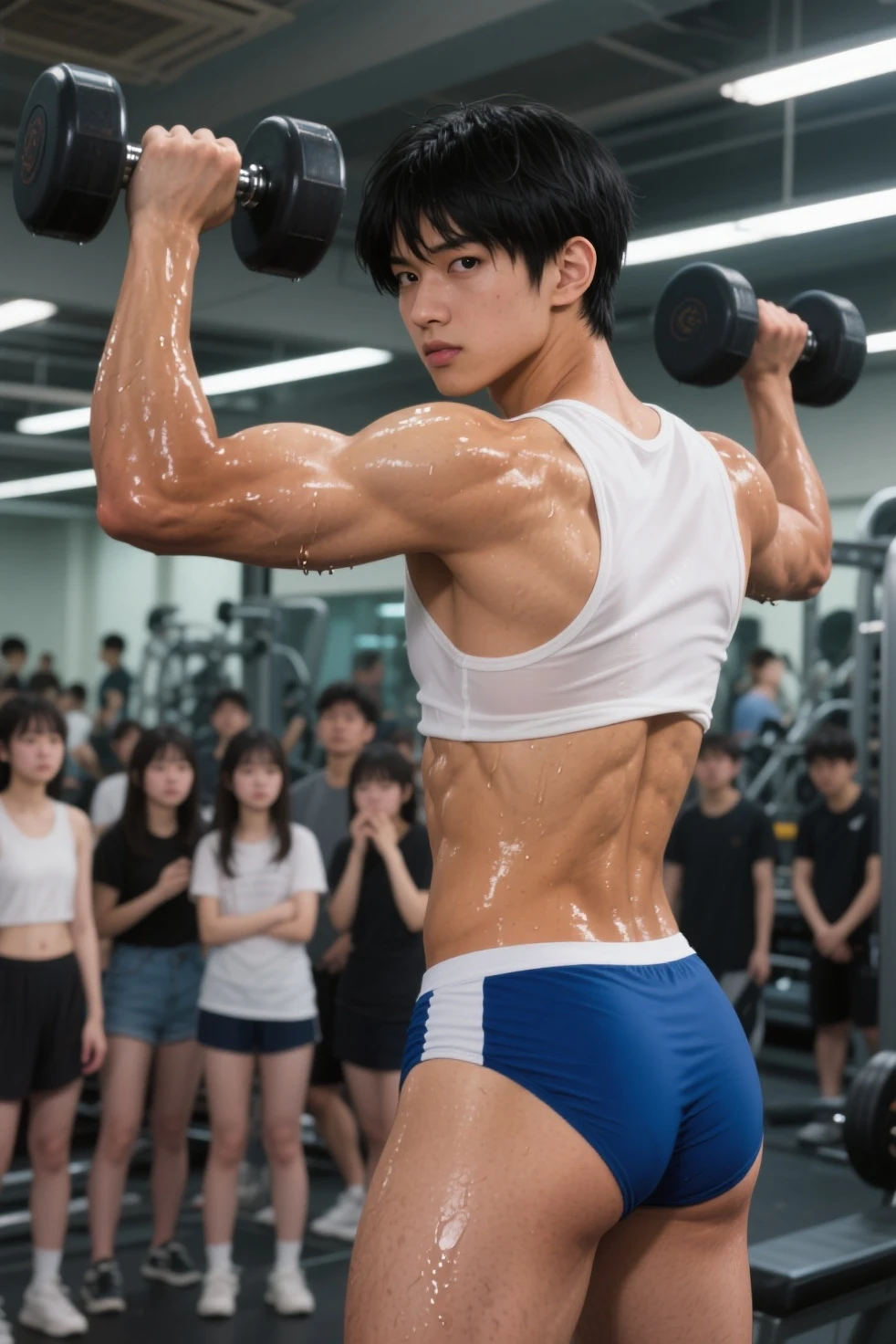 boy, y.o, tan skin, comma hair, fit body, sweatpants, gym