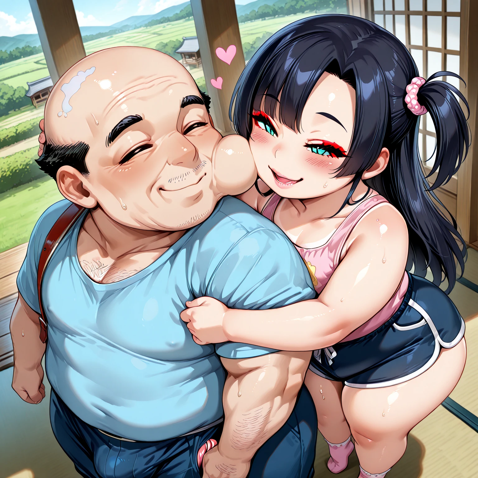 Hair over eyes、Ahegao、Sticking out tongue、Highly detailed illustration、Ultra-precise expression、masterpiece、Highest quality、ultra High resolution、High resolution、takeda hiromitsu style、curtain、bed、White Background、Simple Background、One Girl、An old man、Completely naked、Vulgar expressions、Black Hair、Black glasses、2 short braids、Grey Eyes、blush、Big Breasts、Pussy juice、Sweat、Drooling、pubic hair、Long nipples、how、Firm stomach、Sex、Grab your chest、Bald, fat old man、Red little ribbon、